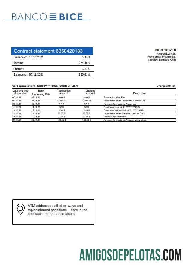 Chile Banco Bice modelo de extrato bancário